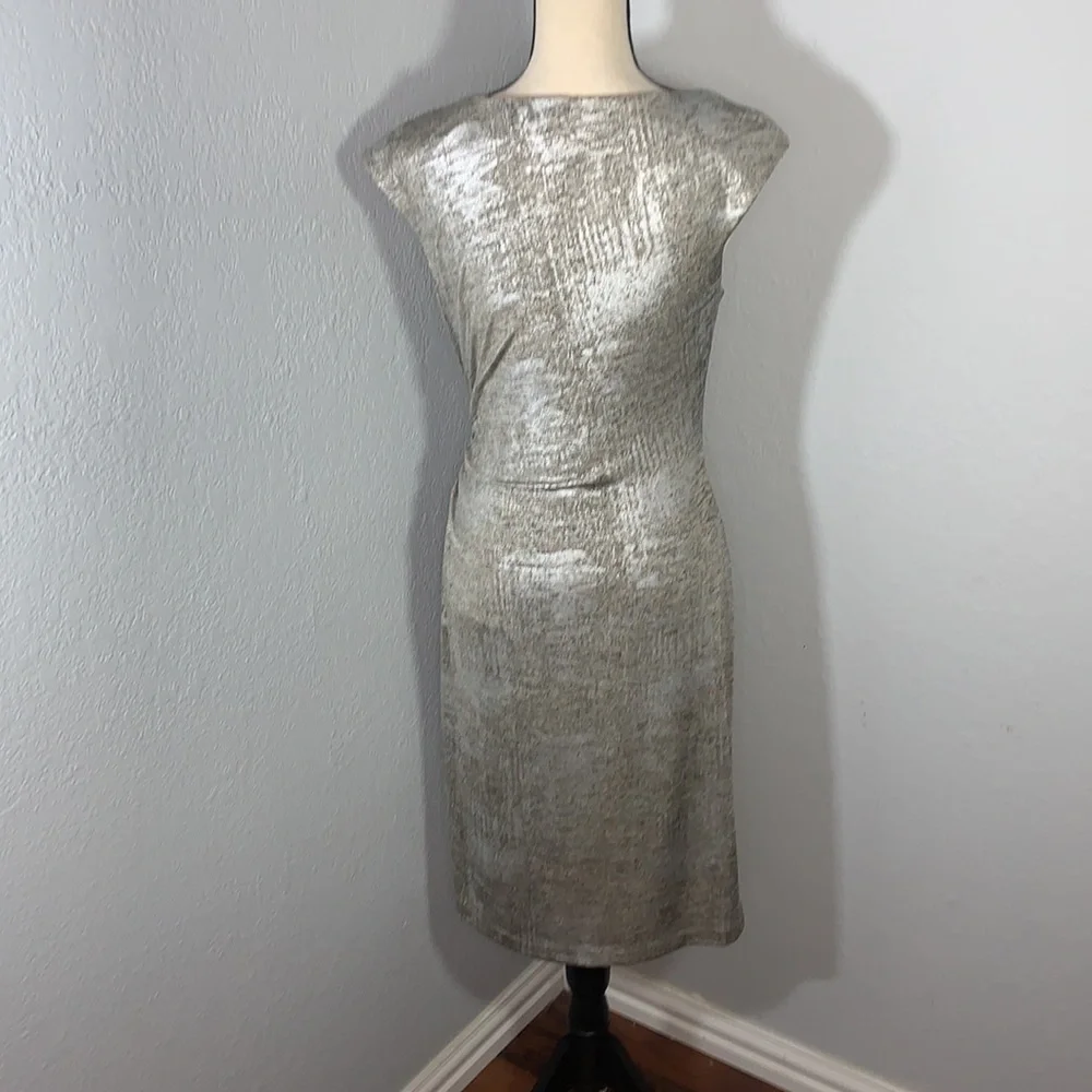 Connected Apparel Metallic Gold Faux Wrap Midi Dress Size 8 Holiday Party